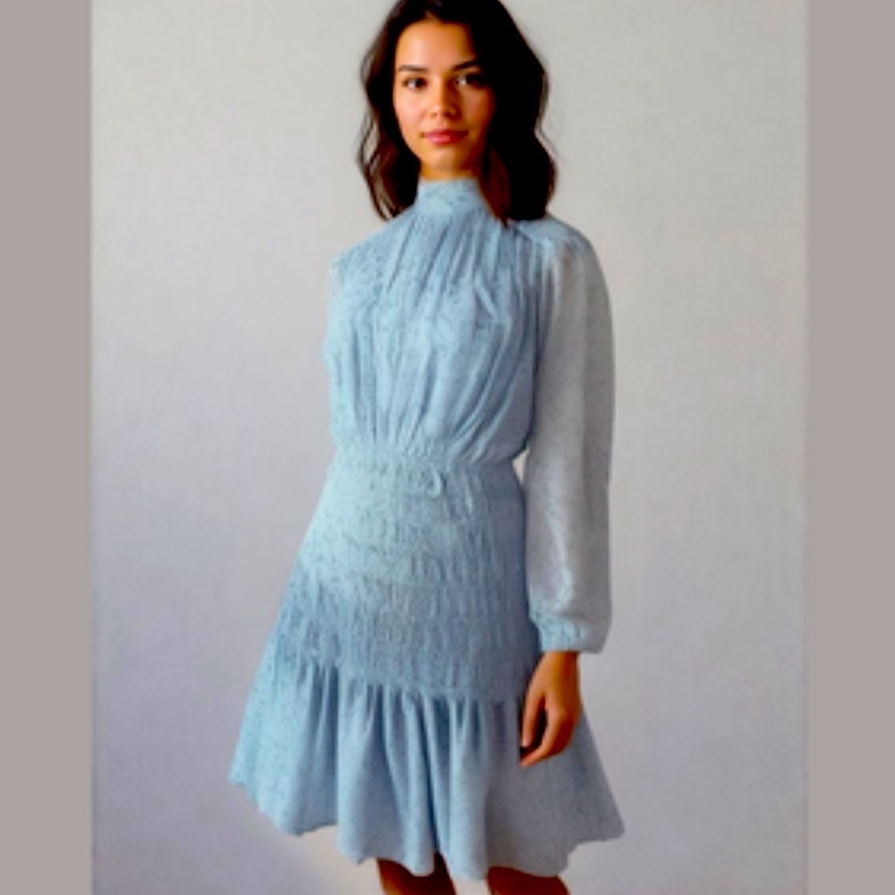 House of Harlow SHONA JOY Mock Neck Flowy Smocked Mini Dress Coquette SIZE LARGE